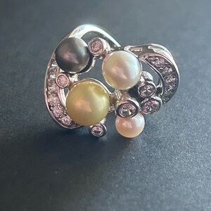 Sterling Silver Multicolor Pearl & CZ Cluster Cocktail Ring Size 6
